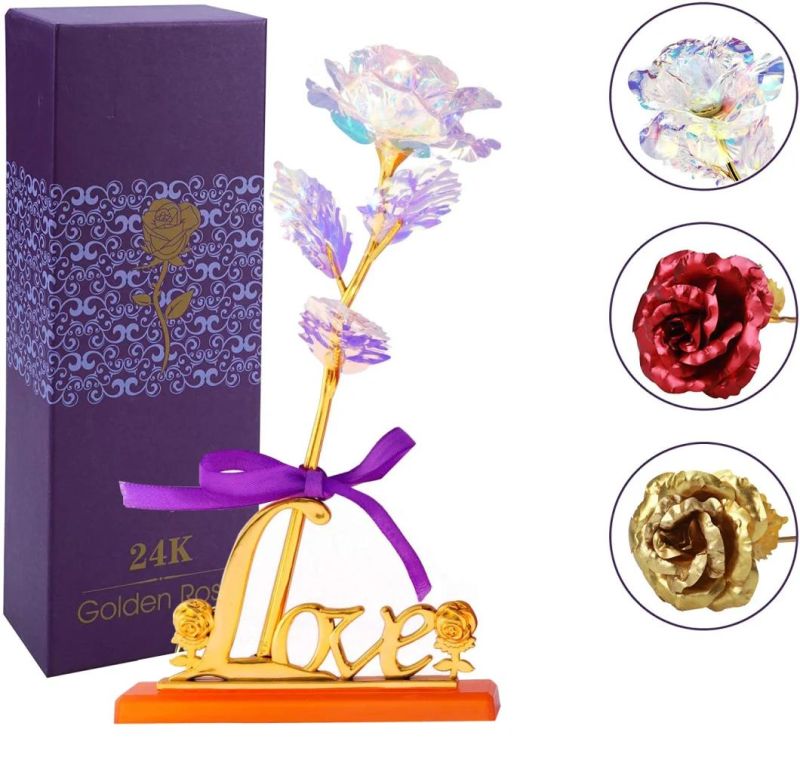 Galaxy Forever Flower Gift Enchanted 24K Gold Rose Flower Rainbow Artificial Rose in Glass