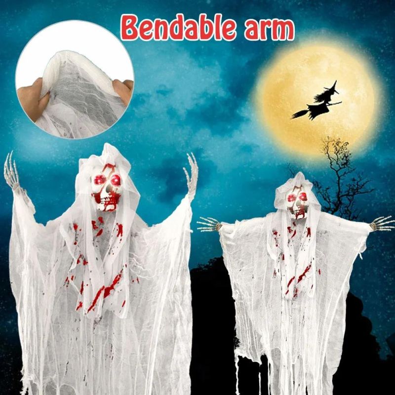 5.2FT Animated Halloween Decorations Outdoor Scary Haunted House Prop Decor Party Hanging Screaming Bride Ghost Skull with Voice Activated Scary and Flashing Ey