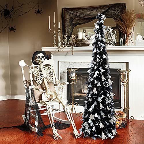 5FT Pop up Tinsel Christmas Slim Black Trees W/Shiny Ghost, Collapsible Artificial Pencil Halloween Tree with Plastic Stand Decoration