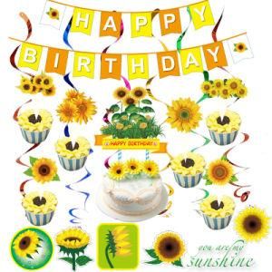 Sunflower Theme Birthday Party Banner Cake Toppers