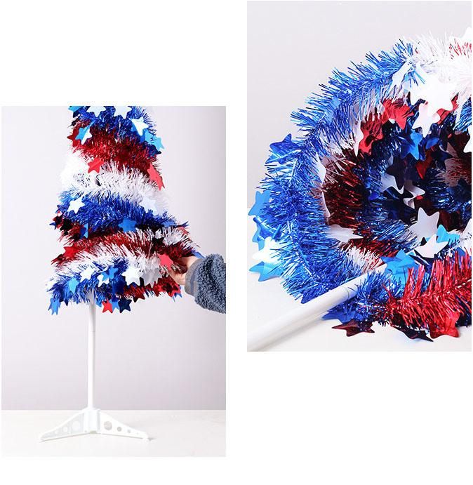 Red White Blue Tinsel Tree for Independence Day Decoration, Pop up Pencil Tree, Collapsible Christmas Tree for Indoor Outdoor Home Party Supplies