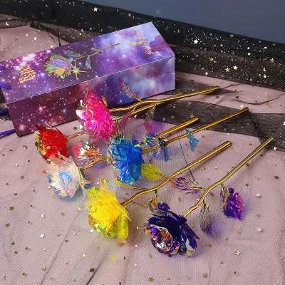 Mother&prime;s Day Gift Galaxy Rose Rainbow Rose 24K Gold Rose Artificial Crystal Rose Starry Sky Gold-Plated Rose Gold Foil Rose