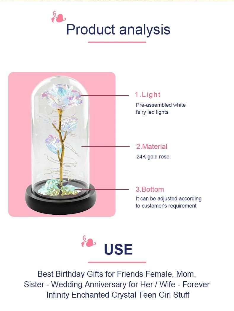 Hot Sale 24K Gold Rose Preserved Galaxy Rose in Glass Dome Wooden Base Valentine′s Gift Enchanted LED Light Rose in Glass
