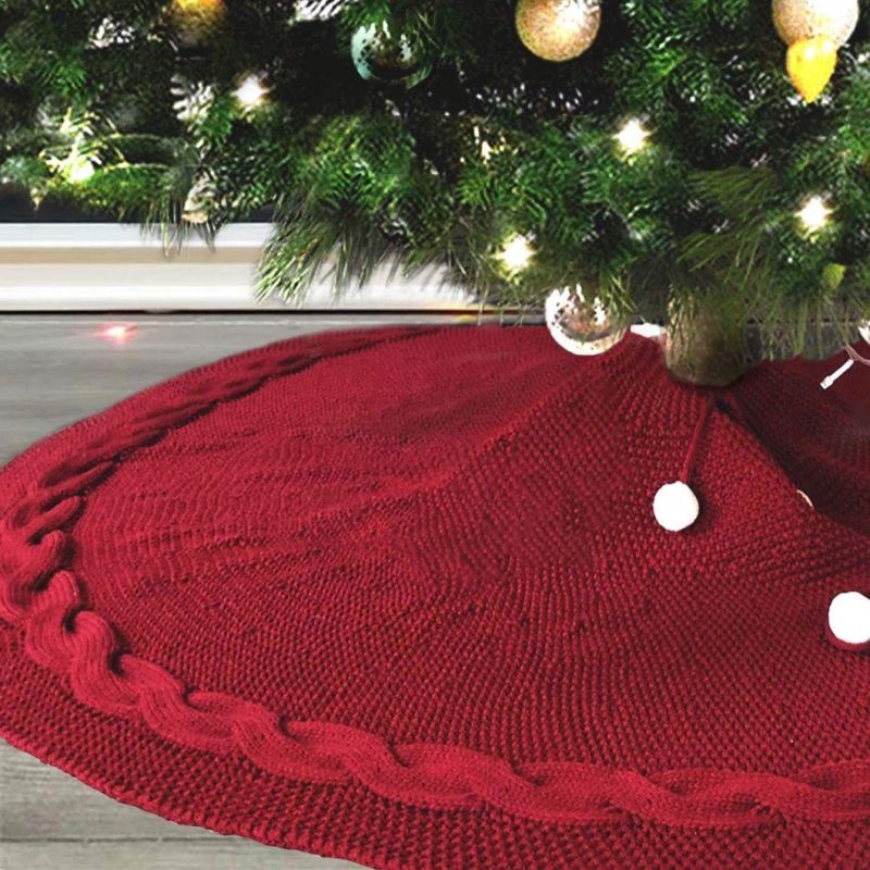 Wholesale Xmas Tree Decoration Round Cotton Wine Red Knitted Christmas Tree Skirt