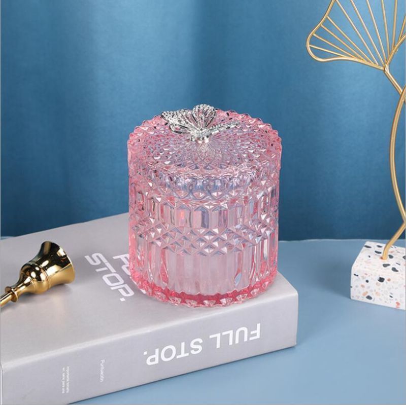 Empty Diamond Cutting Thick Hand Made Glass Multi-Colored Holder Candle Jar with Lid