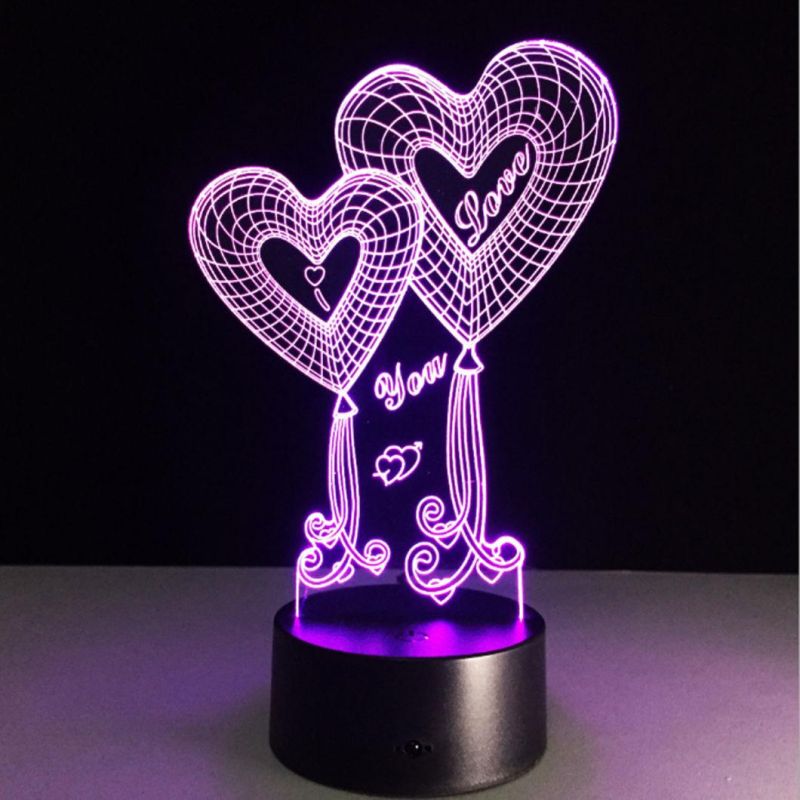 3D Illusion Night Light Multicolor LED - Hearts and Love