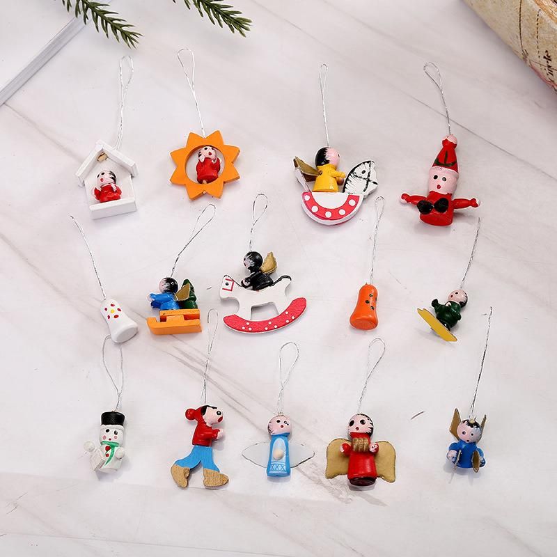 48PCS Per Box Wooden Christmas Tree Ornaments Hanging Decoration Santa Warm Gift Christmas Toppers