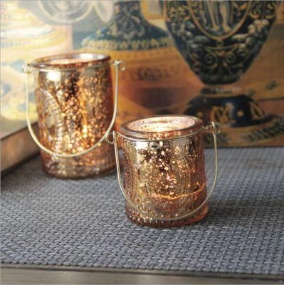 Embossed Crystal Golden Glass Candle Jar with Matel Handle