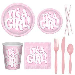 16 Guests Party Disposable Tableware Set It&prime; S a Girl Paper Cups Plates Straws