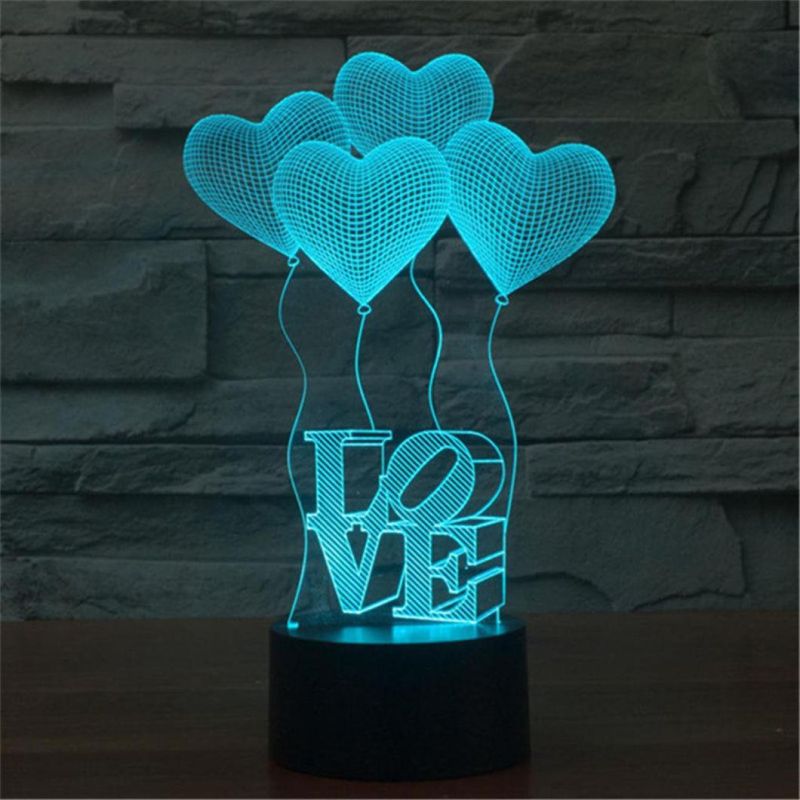 3D Illusion Night Light Multicolor LED - Hearts and Love