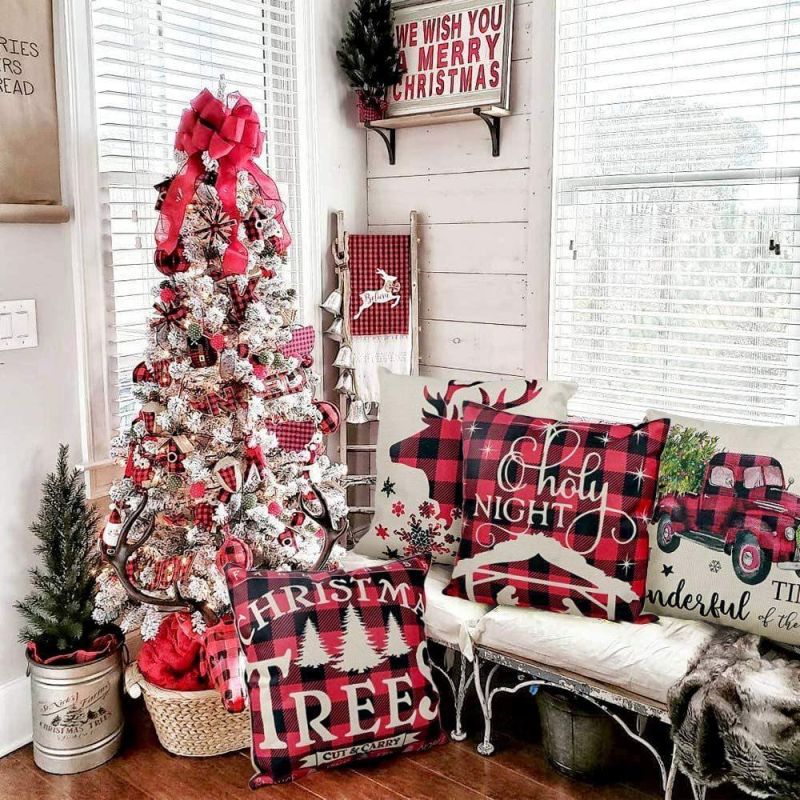 18inches Christmas Decorations Black and Red Buffalo Plaid Throw Pillowcase Farmhouse Christmas Pillow Covers