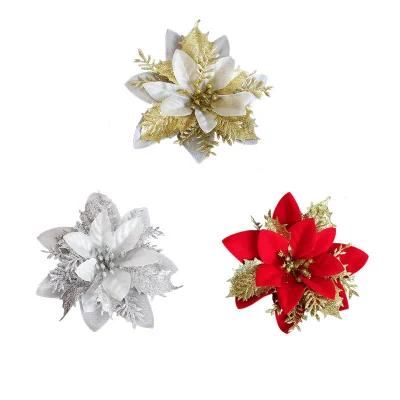 Silver Poinsettia Artificial Flowers Glitter Artificial Christmas Flowers Decorations