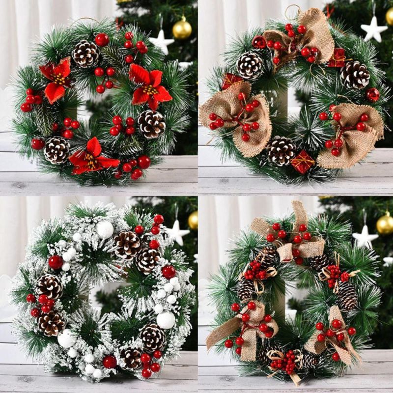 Customized 40cm Dia Christmas Wreath with Car Ribbon Red Cherries Decorations
