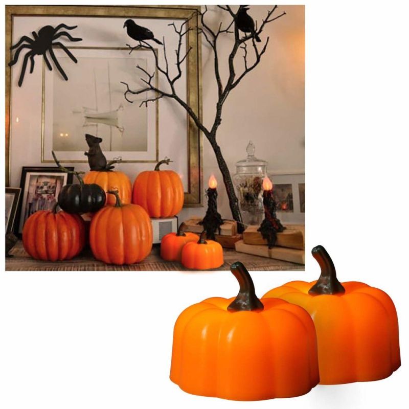 Flickering Pumpkin Tea Lights 12 Pack Flickering LED Pumpkin Lights with Battery Operated Flameless Pumpkin Tealight Candles Decoration for Halloween