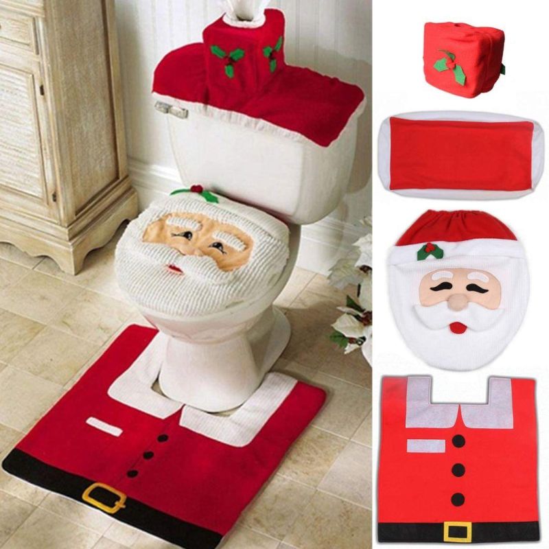Snowman Santa Toilet Seat Cover and Rug Set Red Christmas Decorations Bathroom