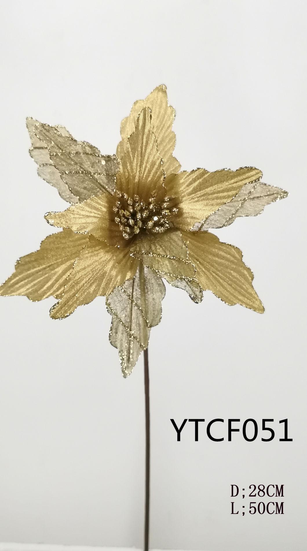 Ytcf083 Golden Christmas Poinsettia Flowers with Glitter Center Artificial Flower