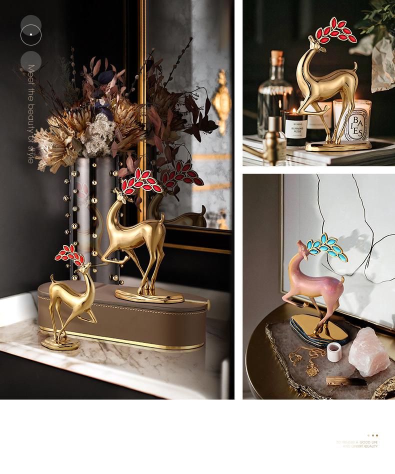 Home Contemporary Modern Brass Carving Decoration Ornaments Statue Deer Decor for Living Room