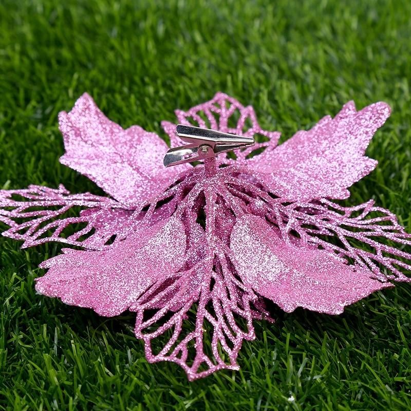 Glitter Artificial Poinsettia Flowers Christmas Wreath Christmas Tree Flowers Ornaments