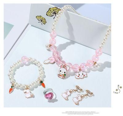 Children Cartoon Necklace Earring Bracelet and Ring Set Fashion Jewellery for Little Girls Cute Kids Jewelry Sets
