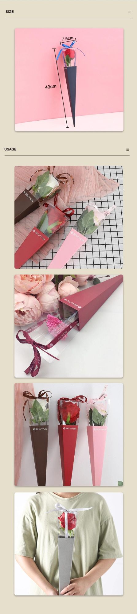 Decorative Paper Bag for Flower Bouquet, Paper Board Floral Hug Bucket with Ribbon Handles, Gift Collocation Packaging Box