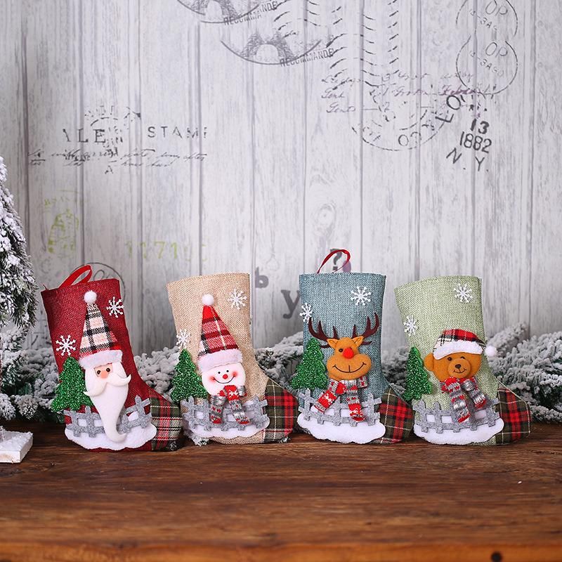 Christmas Decorations Santa Claus Socks Plaid Dolls Linen Socks Christmas Tree Pendant Display a Christmas Gift Bag