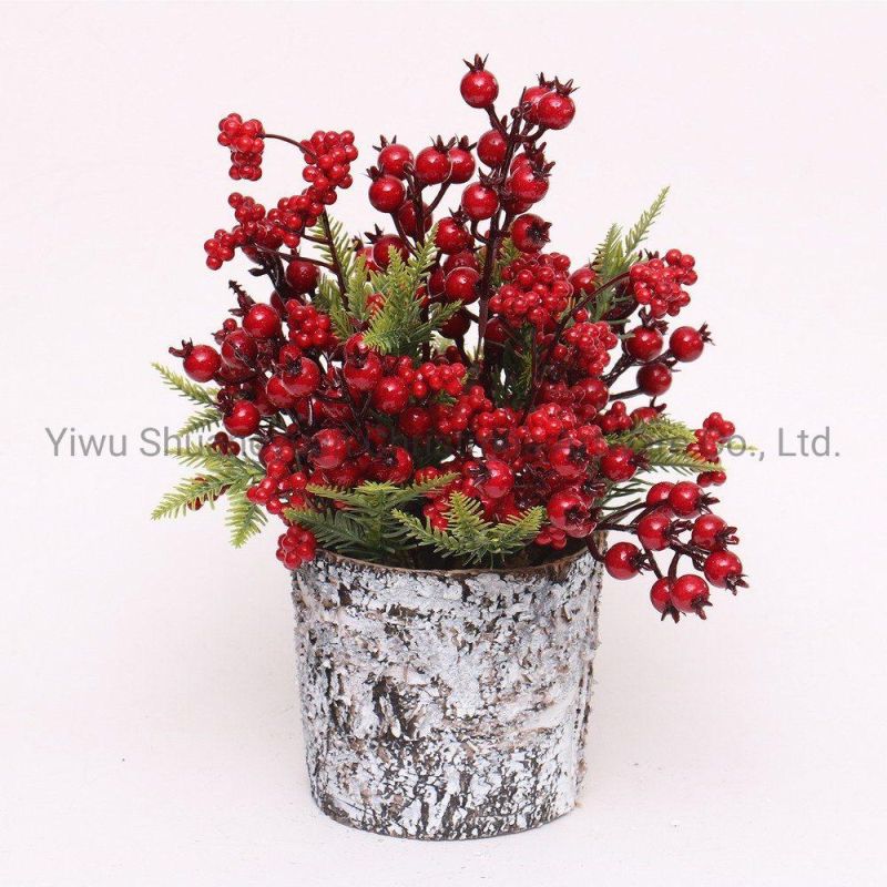 25cm PE Artificial Christmas Deco Tree with Flower Leaf Pinecone Snow Red Berry