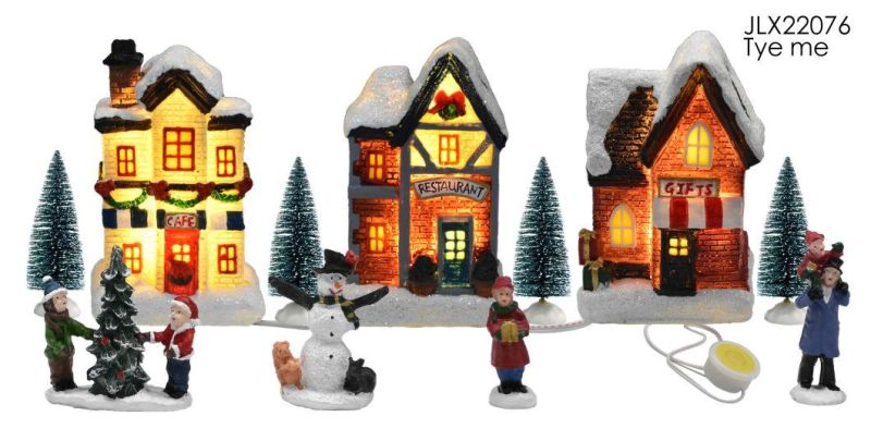 Custom Design Table Top Village Holiday Decor Battery Lighted Polyresin Christmas House Christmas Tree Set Decoration