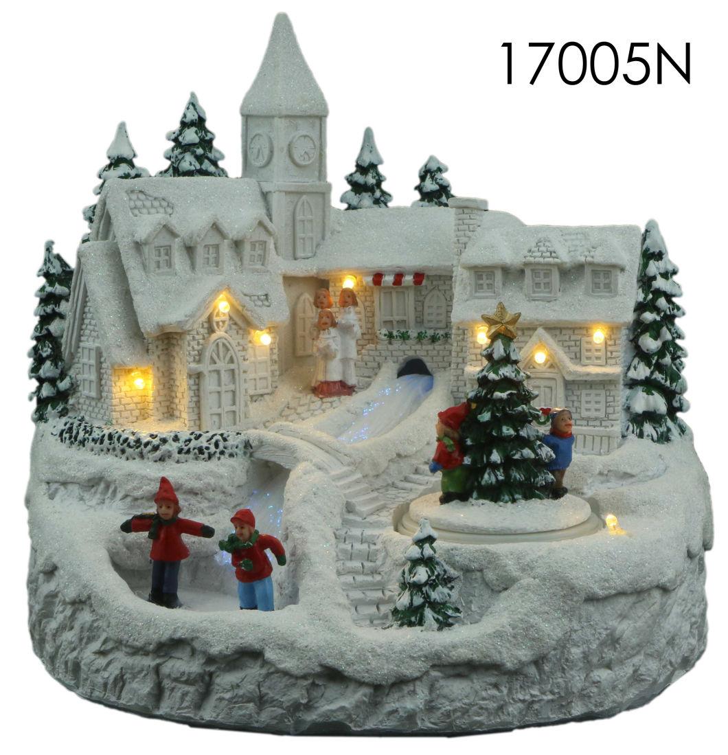 Christmas Village with Flying Deer LED Scene and Children Around The Tree Rotatio for Christmas Gifts House Decorations for Kids