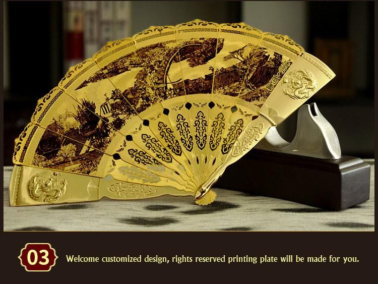 Custom Foldable Chinese Metal Gold Handfan Hand Held Fan for Gift