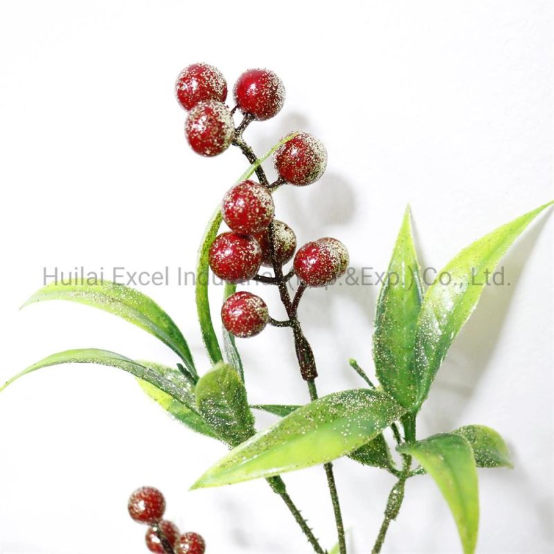 Christmas Floral Picks Red Berry Branches Green Leaves Spray Glitter