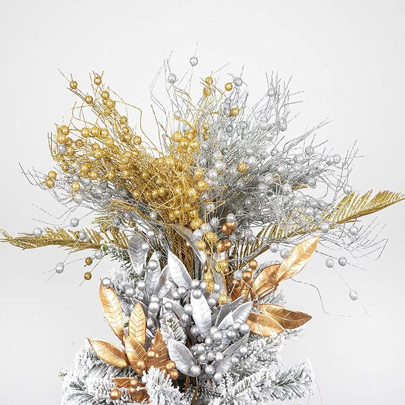 Artificial Flower Wholesale Christmas Tree Decor Glitter Leaves Picks Spray Decoration