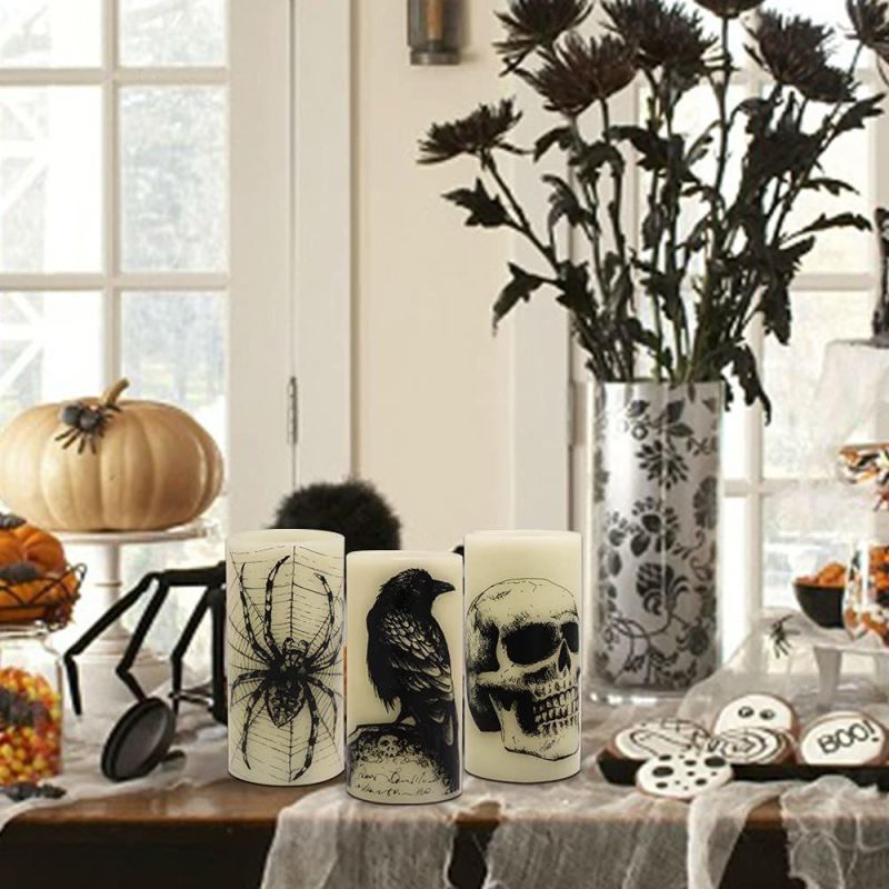 Halloween Flickering Candles with Skull, Spider Web, Crow Raven Decals Set of 3, Battery Operated Halloween Themed LED Candles Horror Spooky Decoration