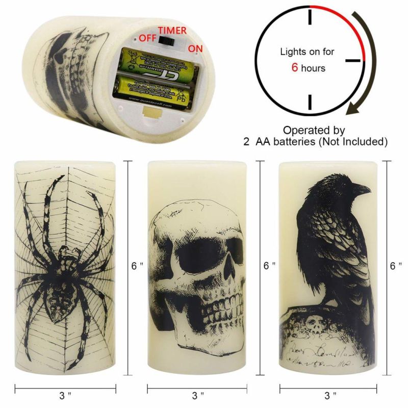 Halloween Flickering Candles with Skull, Spider Web, Crow Raven Decals Set of 3, Battery Operated Halloween Themed LED Candles Horror Spooky Decoration