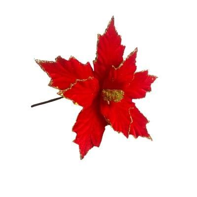 Manufacture Fabric Poinsettia Artificial Christmas Flower Ornament Decorated with Matching Glitter and Sequins