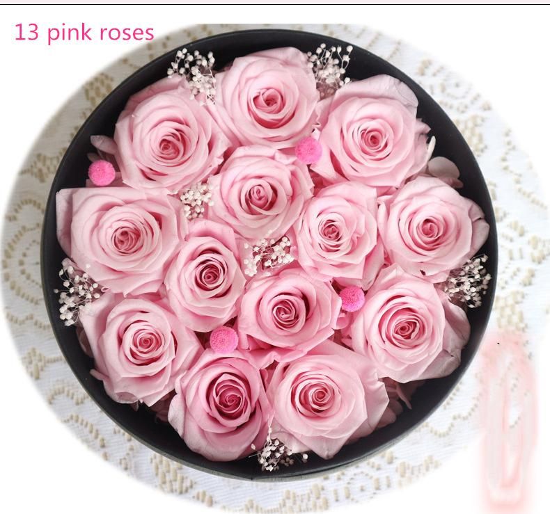 OEM Natural Real Fresh Preserved Roses Flower 13 Roses in Round Gift Box for Valentines Day Gift