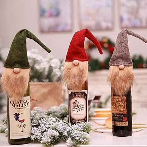 4PCS Red & Gray Santa Hat, Wine Bottle Cover - Cute Gnome Wine Bottle Cover Decoration Santa Doll Wine Christmas Decorations Snowman Cover