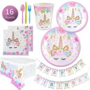 Umiss Unicorn Party Supplies Set Plates, Cups, Napkins Tableware, Bunting Banner, Table Cover Kit Decorations for Birthday
