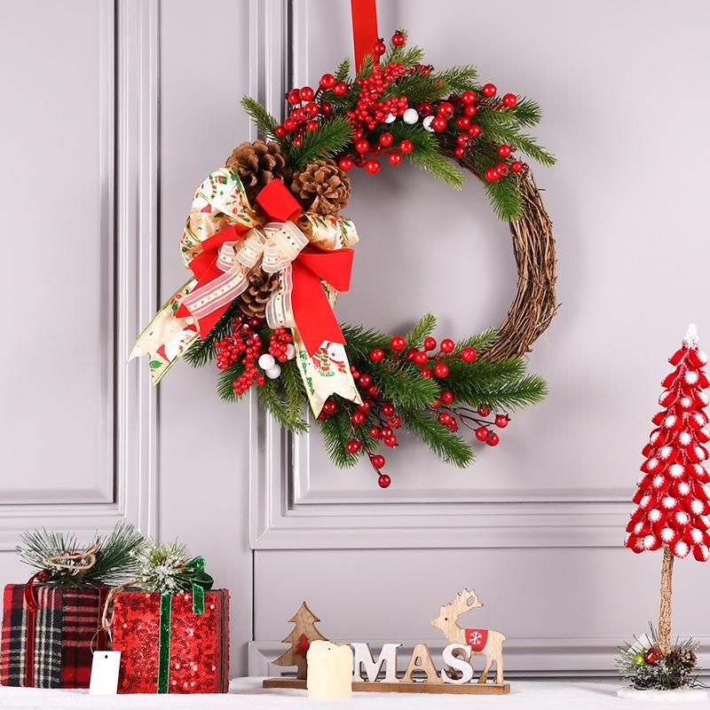 New 40cmpe Decoration Pine Cone Red Fruit Christmas Cloth Flower Wall Hanging Door Hanging Christmas Wreath