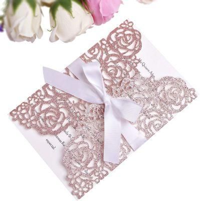 Custom Hollow Rose Laser Cut Wedding Invitations Cards with Envelopes, Printable Paper with Burgundy Ribbons