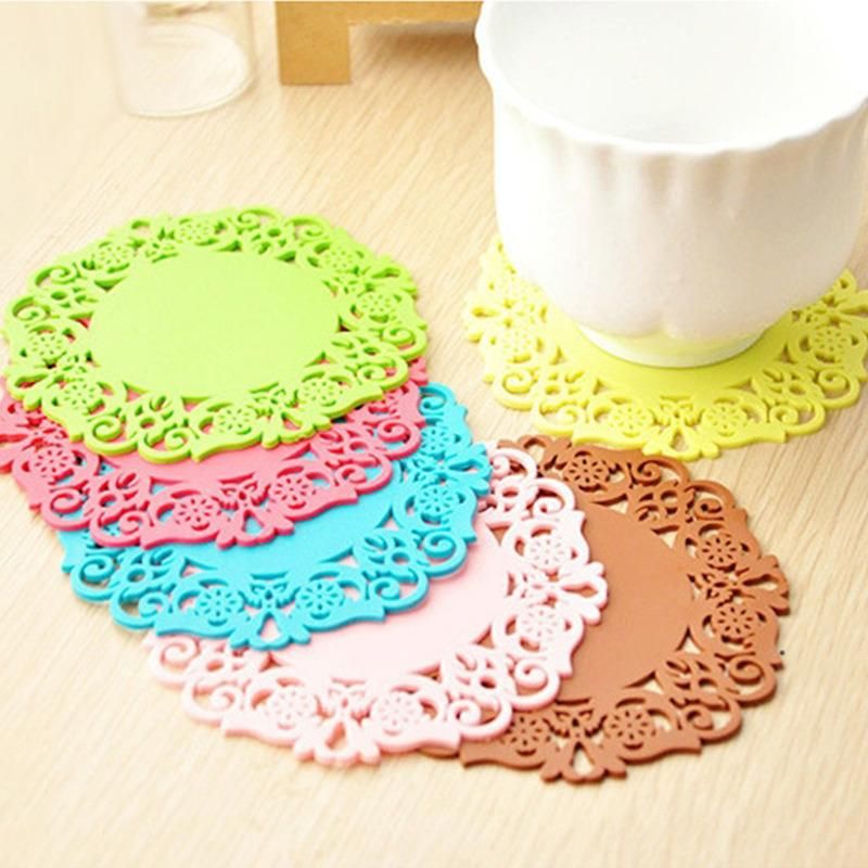 Silicone Table Heat Resistant Mat Cup Coffee Coaster Colorful Lace Flower Hollow Design Round Cushion Placemat Pad