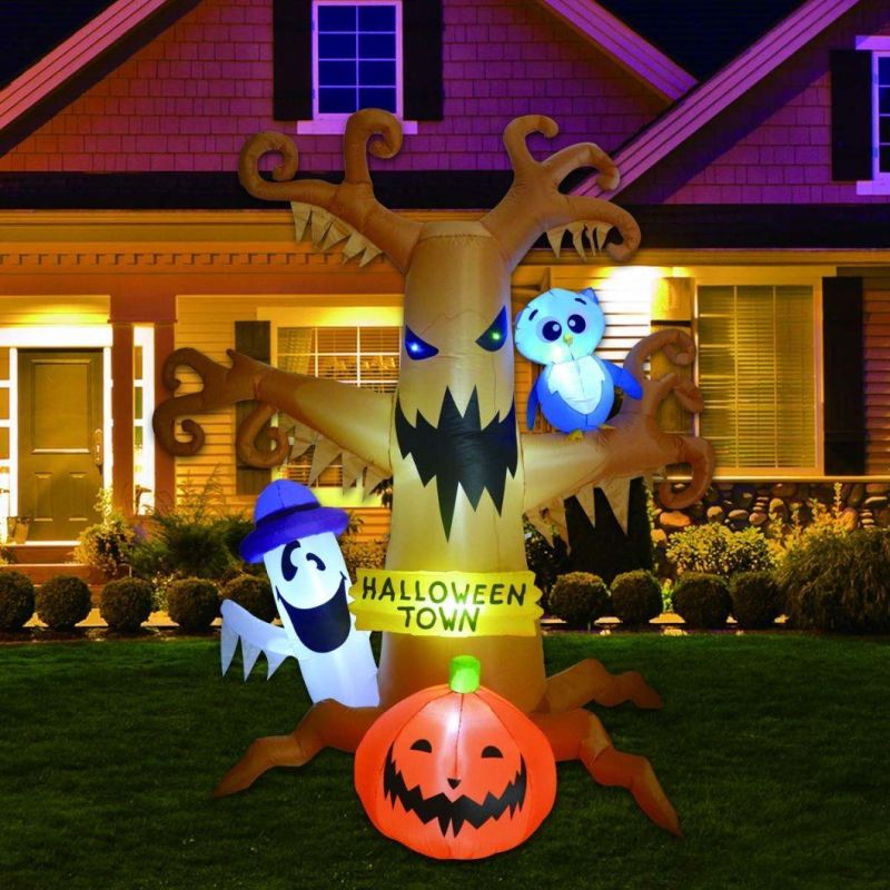 8-Foot-Tall Halloween Inflatable Dead Tree with White Ghost, Pumpkin and Owl Decoration LED Lights Blow up Decoration for Party, Indoor, Outdoor, Yard, Garden