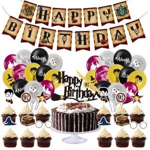 Birthday Party Magician Banner Wizard Hat Glasses Cake Topper Balloons