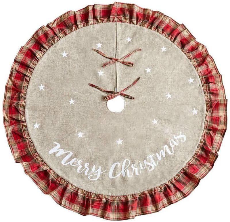 Red Plaid Grey Linen Burlap Xmas Tree Skirt for Holiday Christmas Decorations