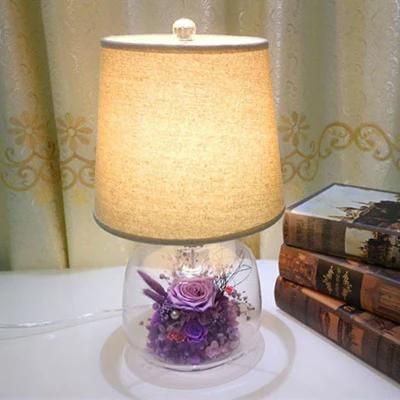 Decorative Arrangements Preserved Flowers in Glass Desk Lamp as Gift