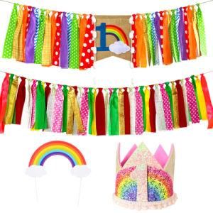 Children&prime;s Birthday Rainbow Banners Cake Topper Color Table Skirt Decorations