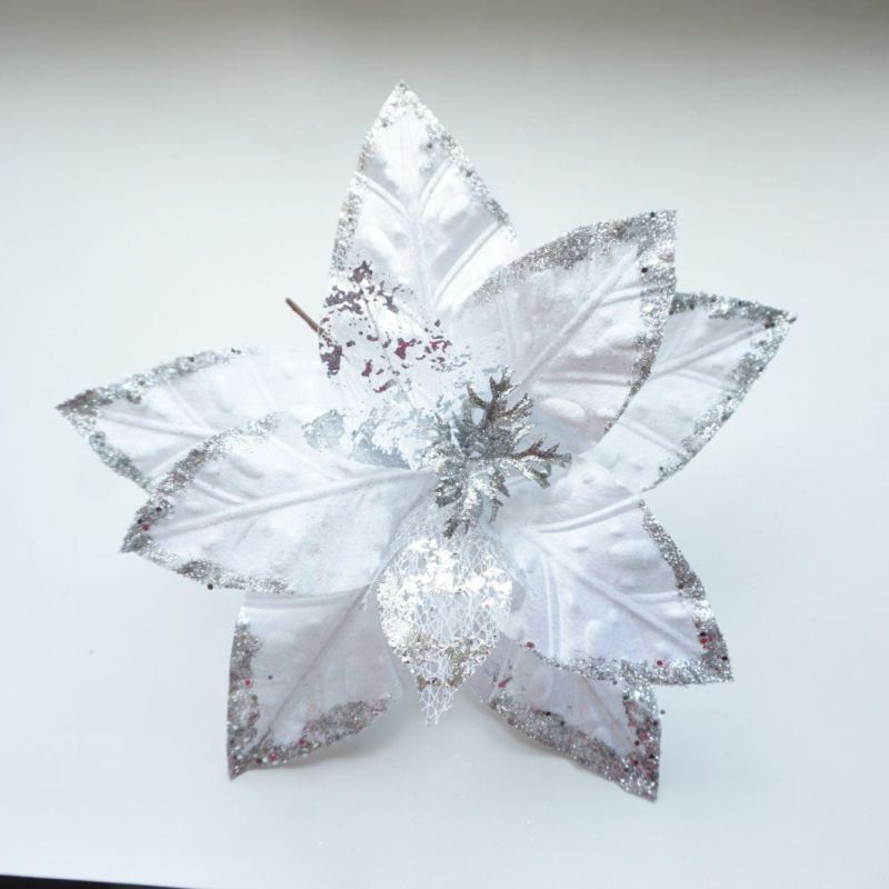 Silver Artificial Xmas Golden Silver Color Poinsettias or Christmas Decoration