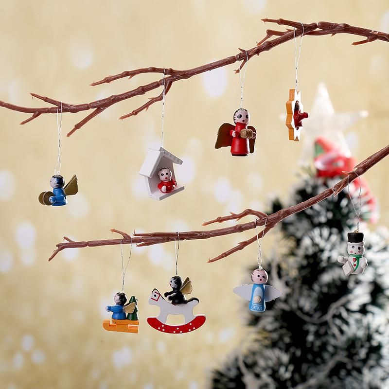 48PCS Per Box Wooden Christmas Tree Ornaments Hanging Decoration Santa Warm Gift Christmas Toppers