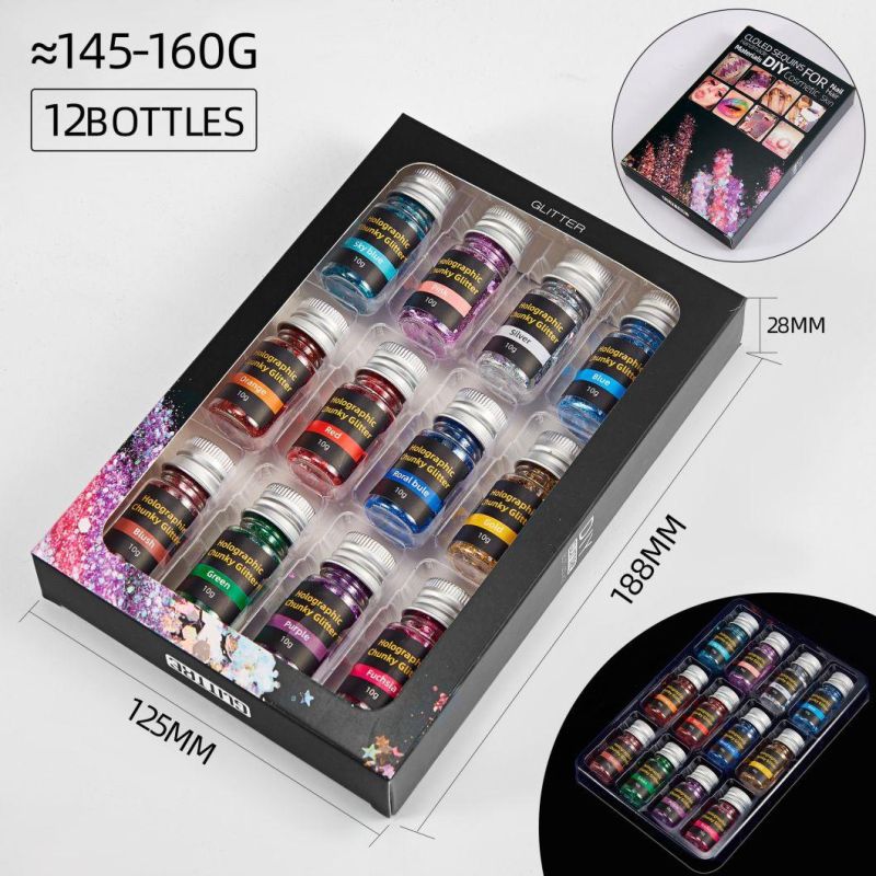 Holographic Chunky Glitter 12-Pot for Nail Art and Costmetic