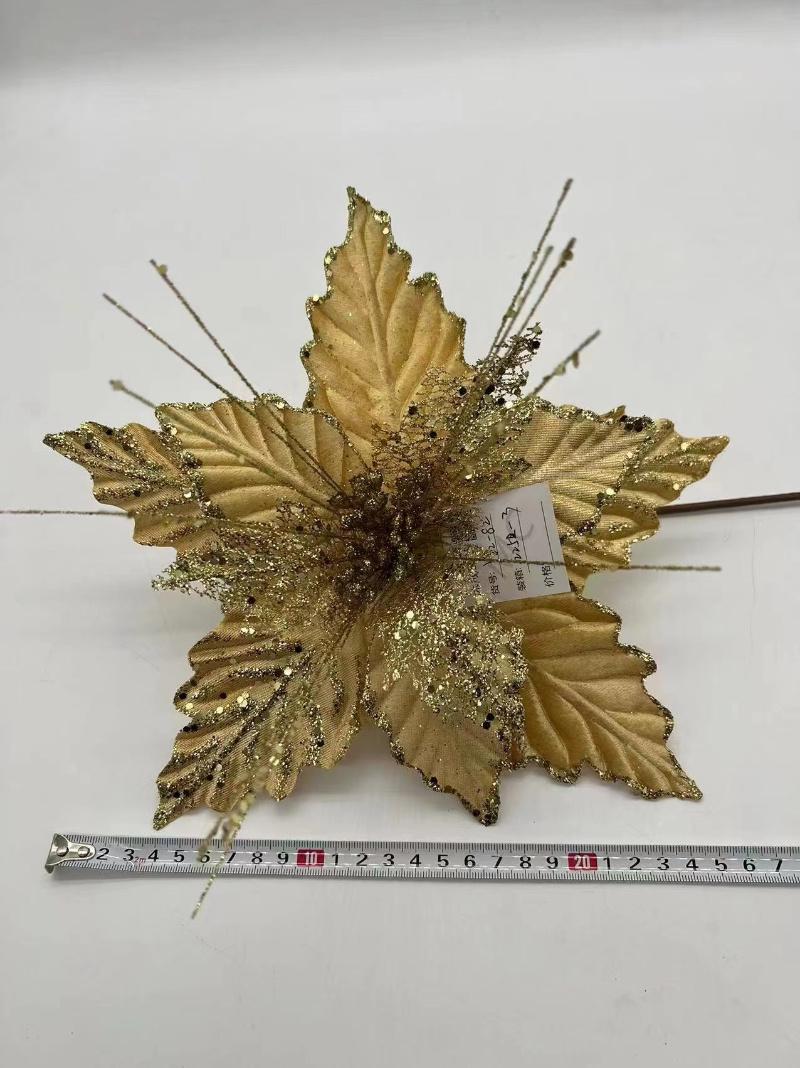 Christmas Flower Glitter Poinsettia Artificial Xmas Tree Flowers for Christmas Ornaments Gold Poinsettia Christmas Tree Ornaments for New Year