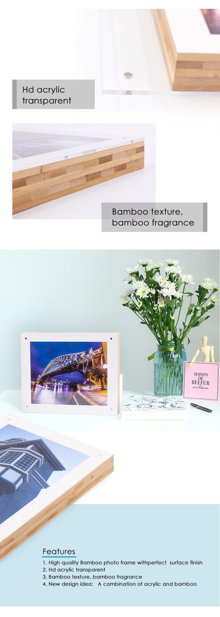 Bamboo Frameless Acrylic Display Flush Magnetic Mounting Wedding Photo Frame